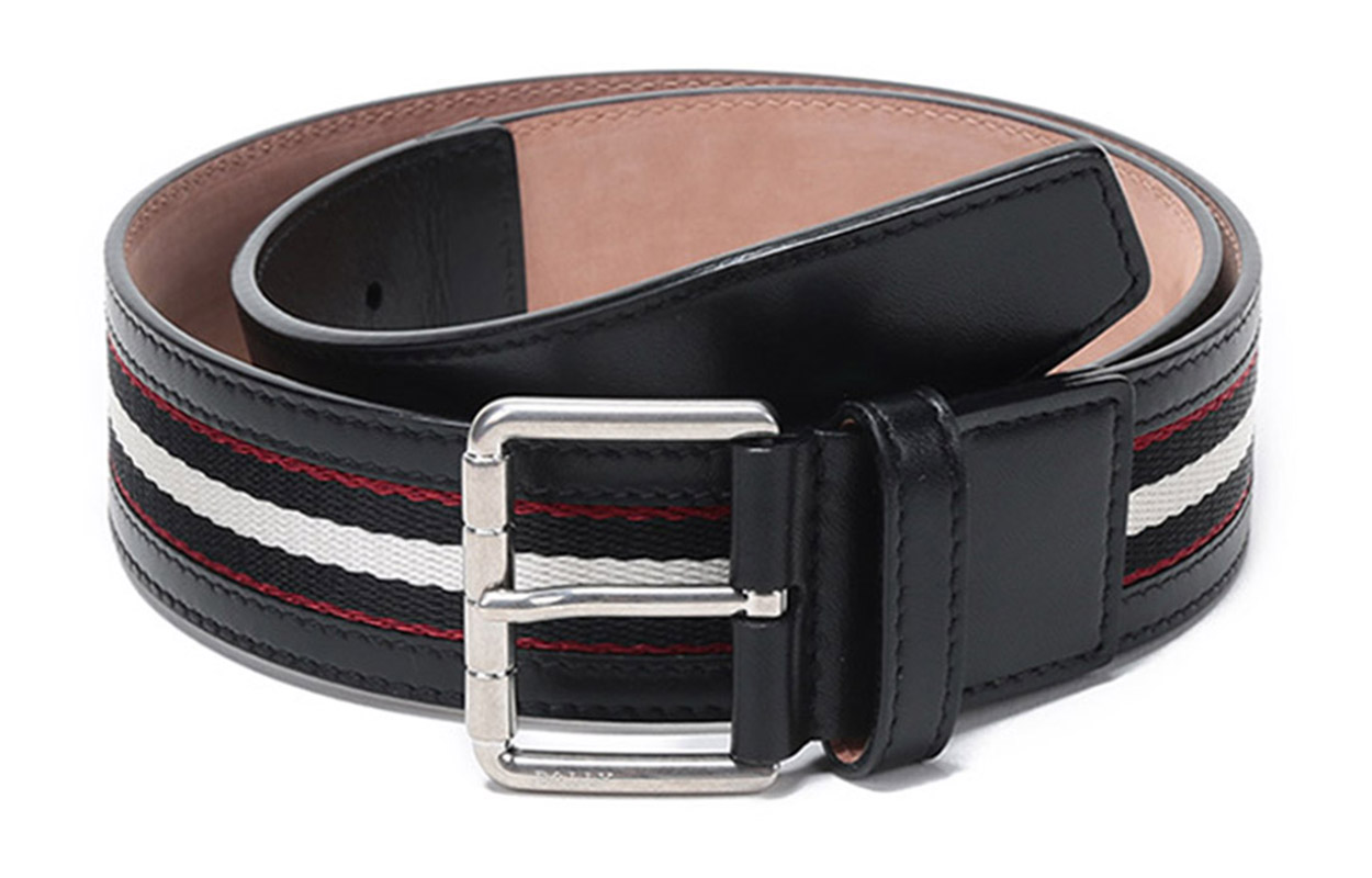 Order Sabuk Bally Hitam Kain dan Kulit dengan Pin Buckle, Garis Hitam Putih, 4cm. WILFORD-40-M-40