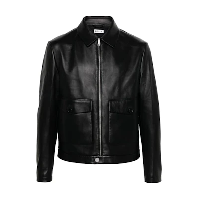 BALLY Black Glossy Solid Zip-Up Jacket with Collar and Long Sleeves MLE055PE001U901