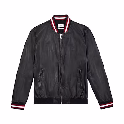 BALLY FW22 Black Leather Jacket with Colorblock Striped Design & Zip V-Neck. 6230891