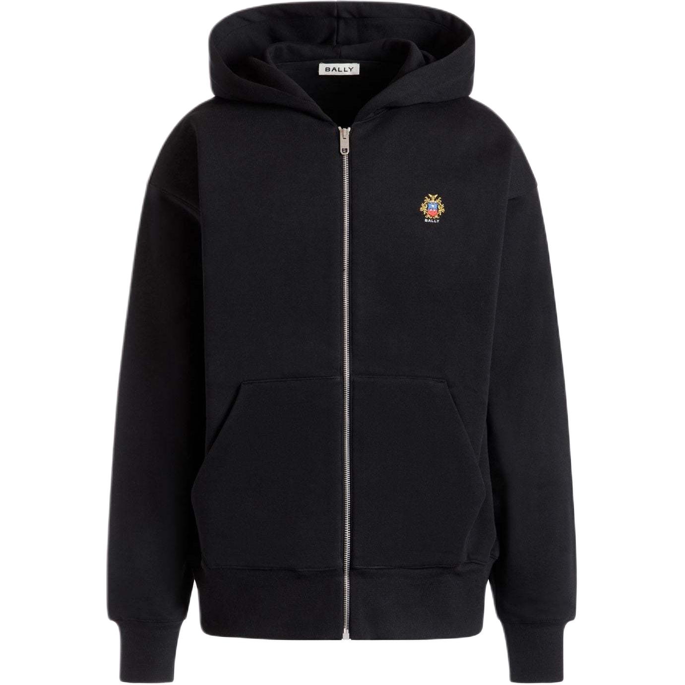 BALLY FW24 Black Hoodie with Embroidered Badge and Zippered Design 6308829
