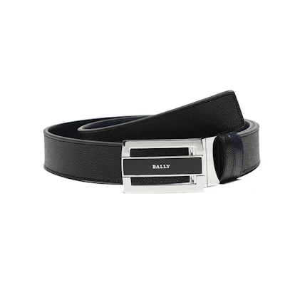 BALLY Leather Reversible Belt Black/Navy 3.3cm with Gift Box. FABAZIA-35-630