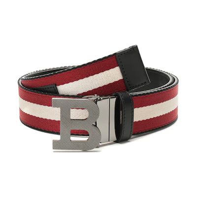 BALLY Reversible Fabric Leather Belt Black Red White Stripes 3.5cm Gift Set B-BUCKLE-35-M-T-26