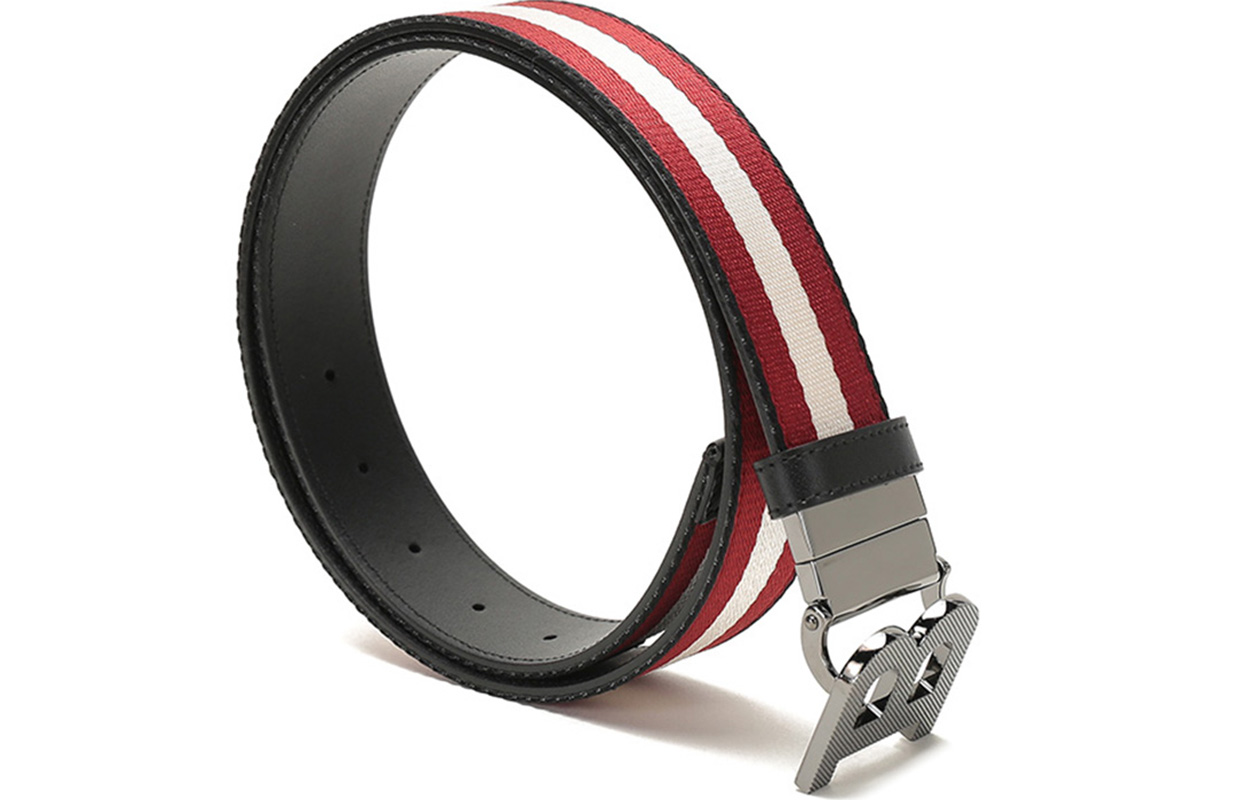 Lookbook 발리 리버시블 패브릭 레더 벨트 블랙 레드 화이트 스트라이프 3.5cm 기프트 세트 B-BUCKLE-35-M-T-26