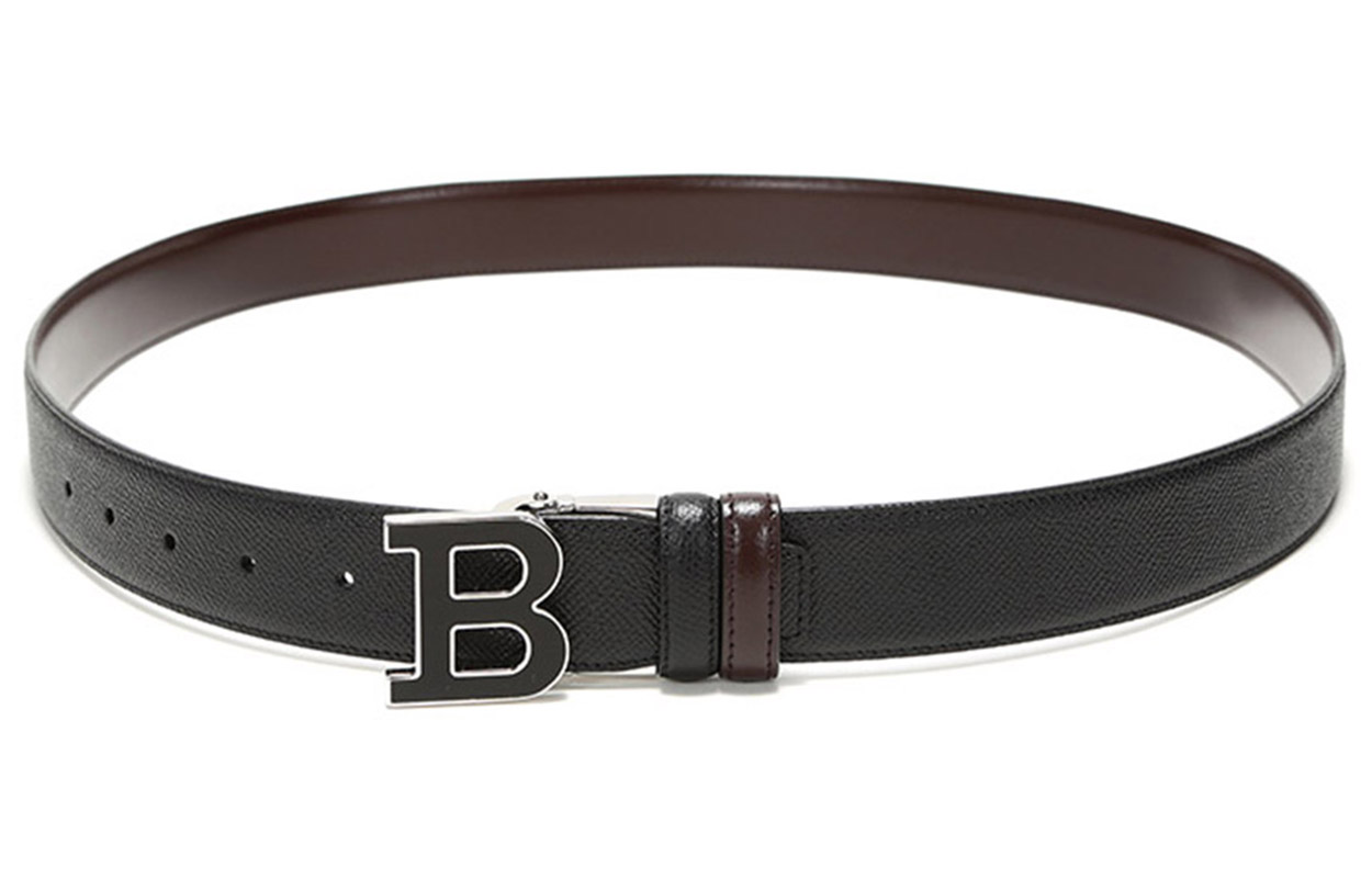 Shop BALLY 男士双面皮带 黑色/棕色 可调节扣头 宽度3.4cm B-BUCKLENAMEL-35-M-130