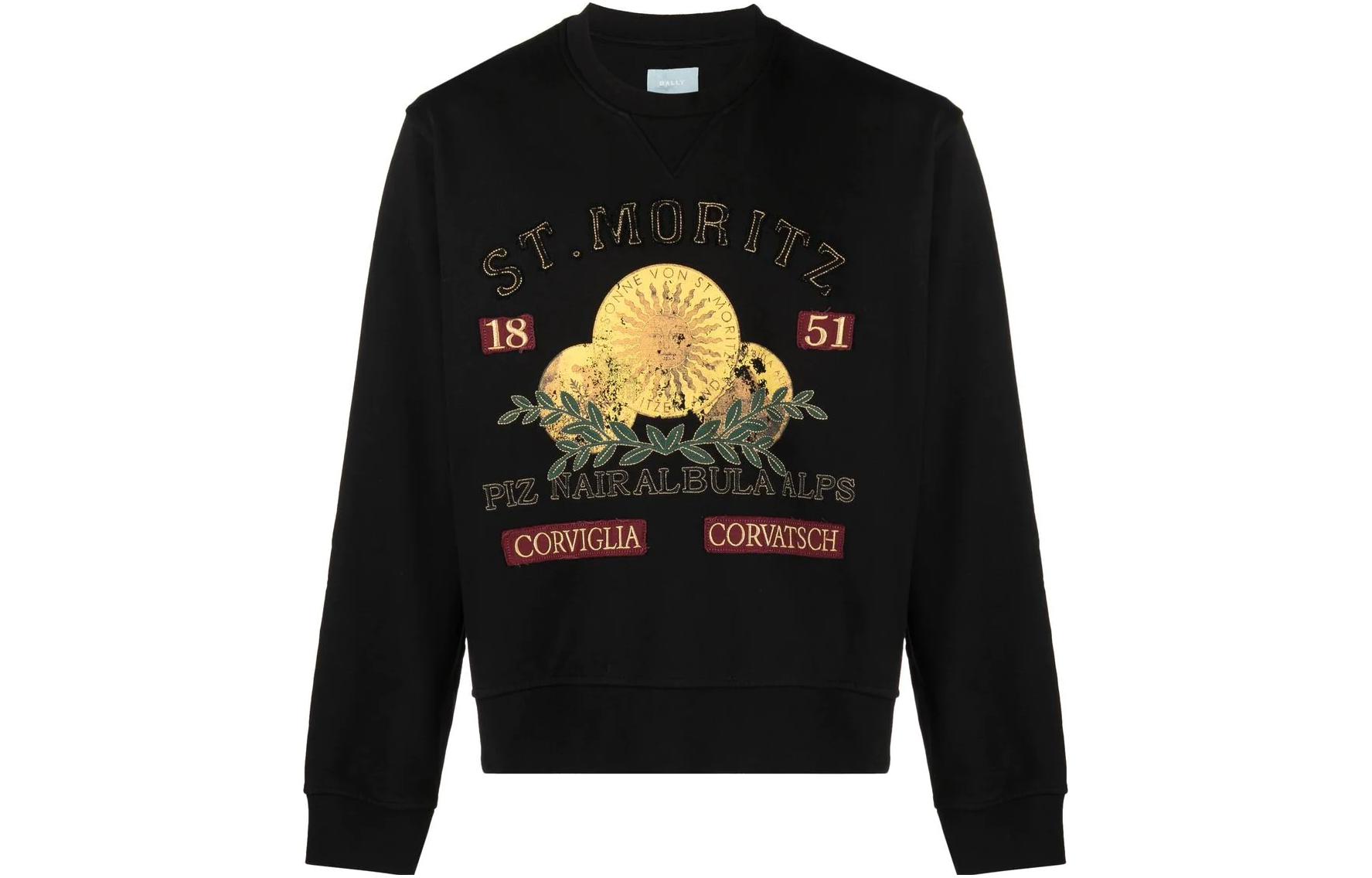 BALLY SS23 Black Crewneck Sweatshirt with Letter Floral Embroidery 6302892