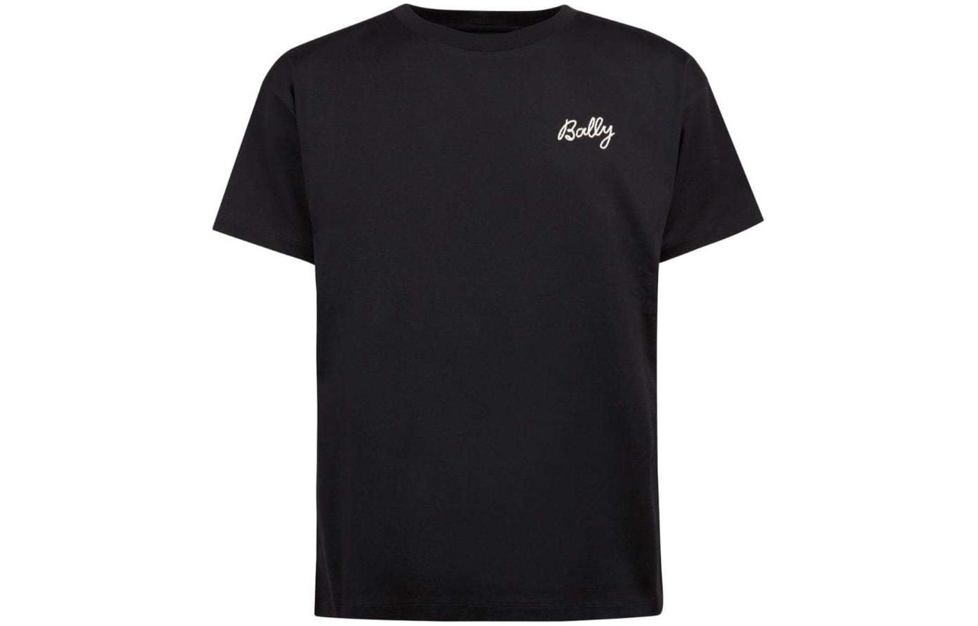 Order BALLY SS24 Kaos Hitam Crewneck dengan Logo Bordir. MJE05JCO018