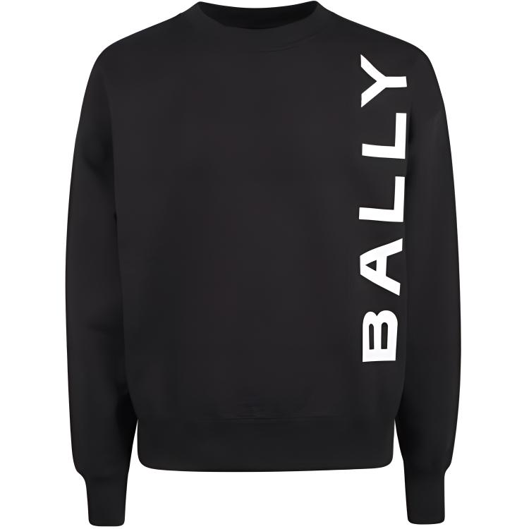 BALLY SS24  Black Logo Print Crew Neck Knit Sweater Long Sleeve Casual. 6306688