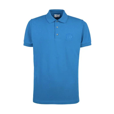 BALLY SS24 Blue Logo Embroidered Button Short Sleeve Polo Shirt. 6306405-U577