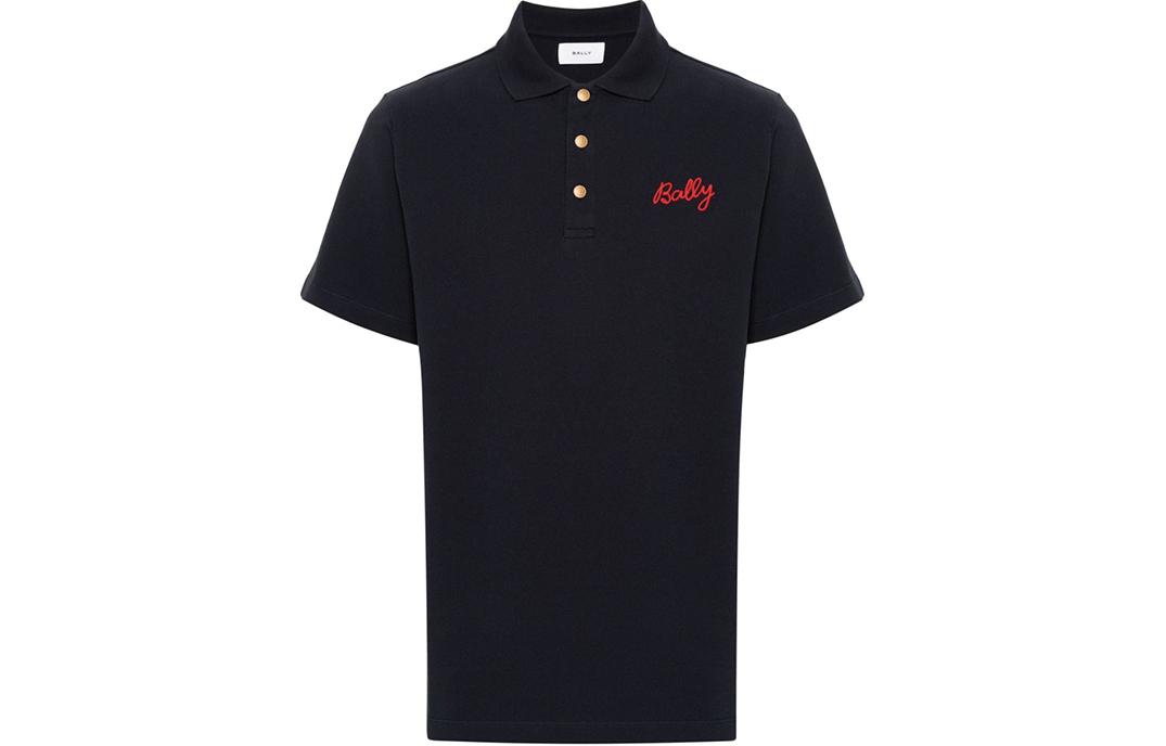 BALLY SS24  Navy Blue Letter Print Button-Up Straight-Cut Polo Shirt. 6306528
