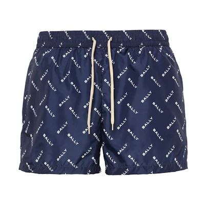 BALLY SS24 Navy Blue Letter Logo Print Straight-Leg Beach Shorts for Men. 6307041U563