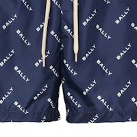 Sizing BALLY SS24 Navy Blue Letter Logo Print Straight-Leg Beach Shorts for Men. 6307041U563