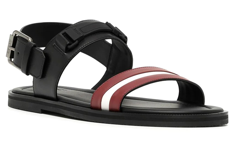 BALLY Stripe Detail Leather Sandals 'Black Red White' 圖 2