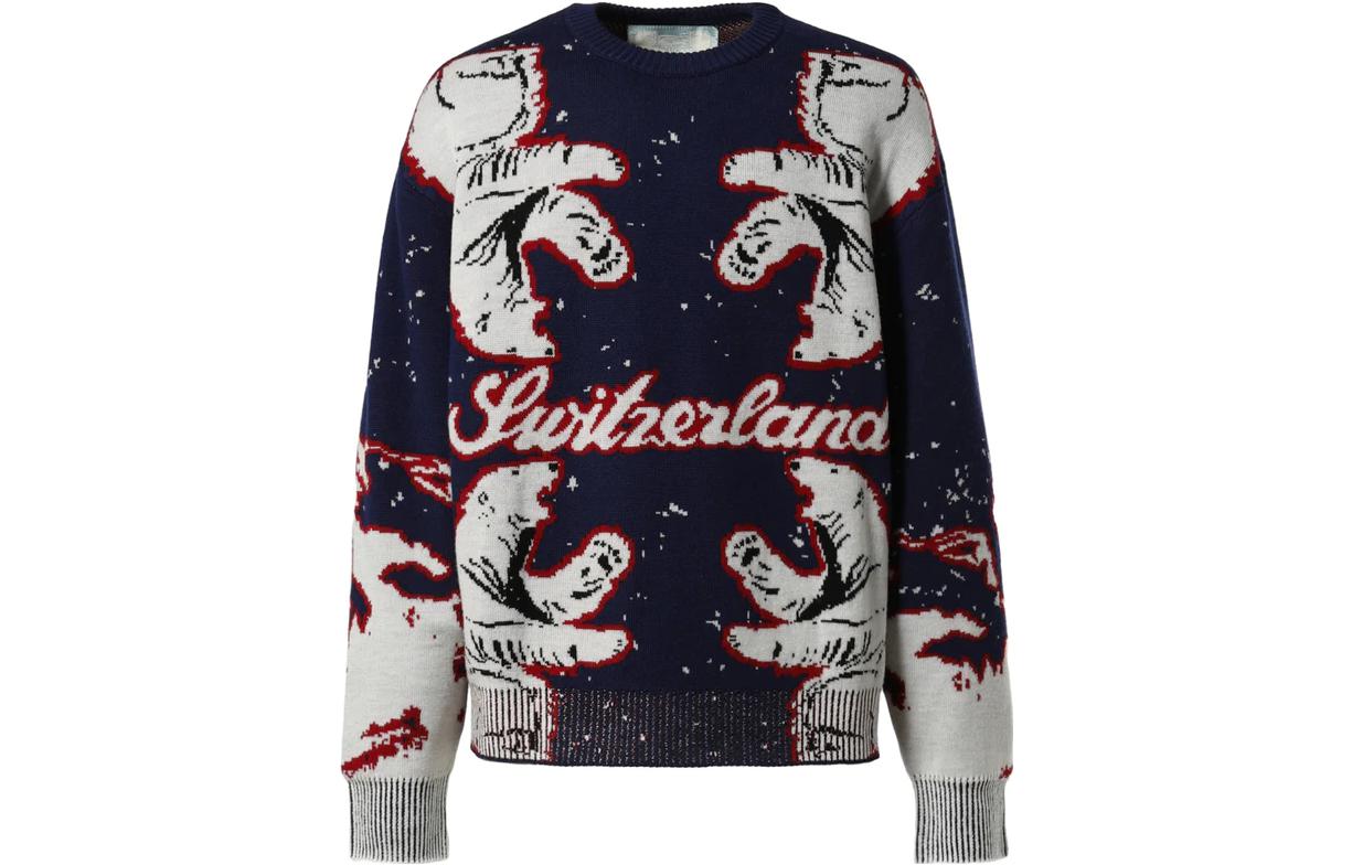 Order 발리 유니섹스 네이비 패턴 크루넥 풀오버 스웨터 프론트 로고. M5BA922K-M