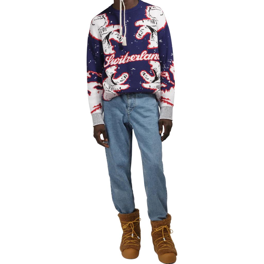 Shop 발리 유니섹스 네이비 패턴 크루넥 풀오버 스웨터 프론트 로고. M5BA922K-M