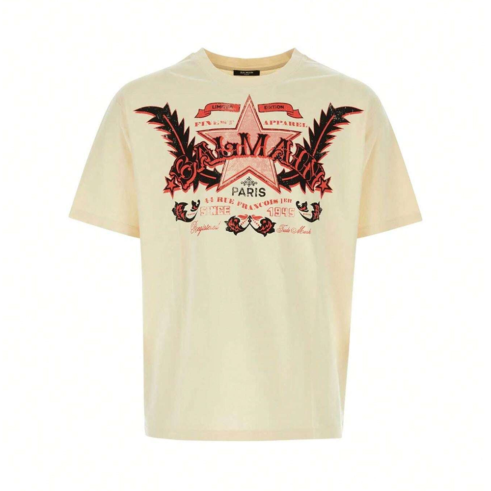 BALMAIN  Beige Letter Star Floral Print Crewneck Short Sleeve T-Shirt. CH1EG000-GD28-GSK