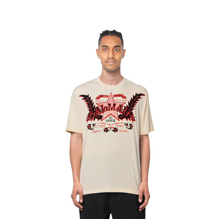 Shop バルマン ベージュ レター スター フローラル プリント クルーネック Tシャツ 半袖 CH1EG000-GD28-GSK