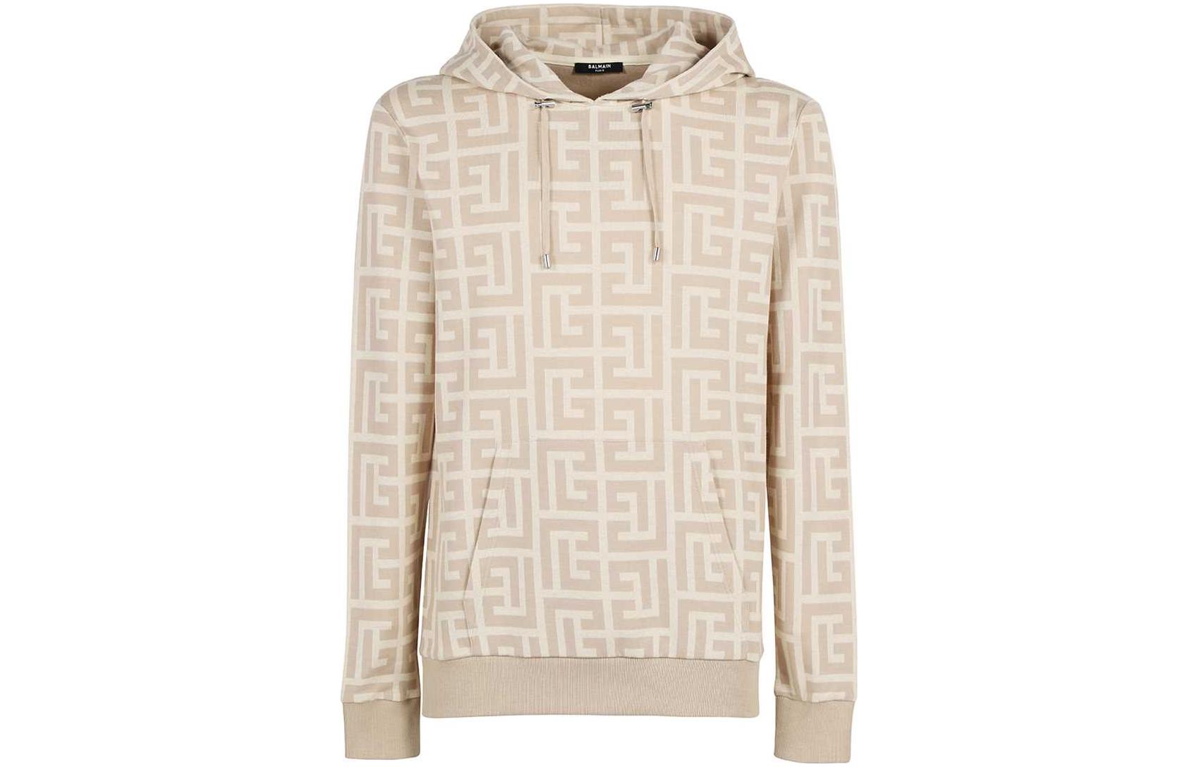 BALMAIN  Beige Logo Print Drawstring Hoodie. XH1JR002JB70-GHO