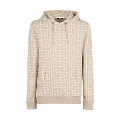 BALMAIN Beige Logo Print Drawstring Hoodie. XH1JR002JB70-GHO