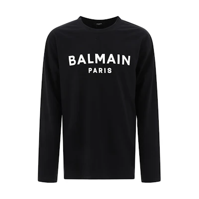 BALMAIN Black Crewneck Long Sleeve T-Shirt with Letter Print. DH1EK035-BC77-EAB