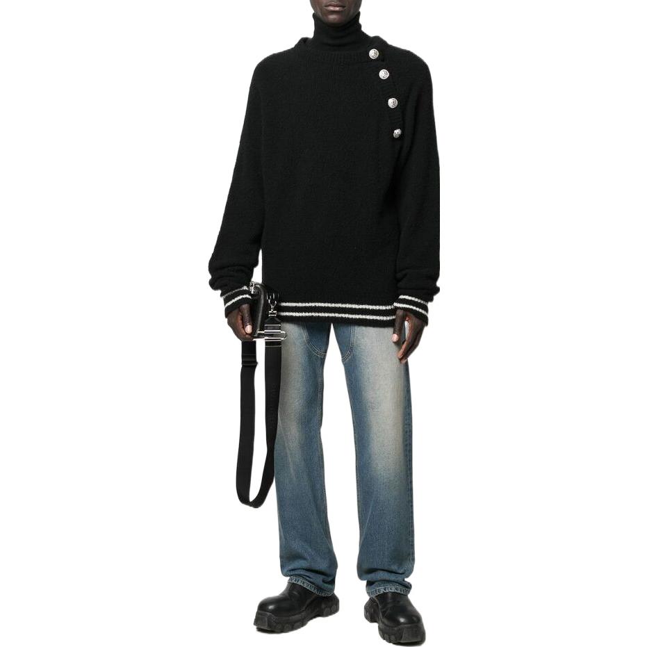 Shop BALMAIN 黑色針織鈕扣羊絨長袖毛衣 YH1KD037KC55-0PA