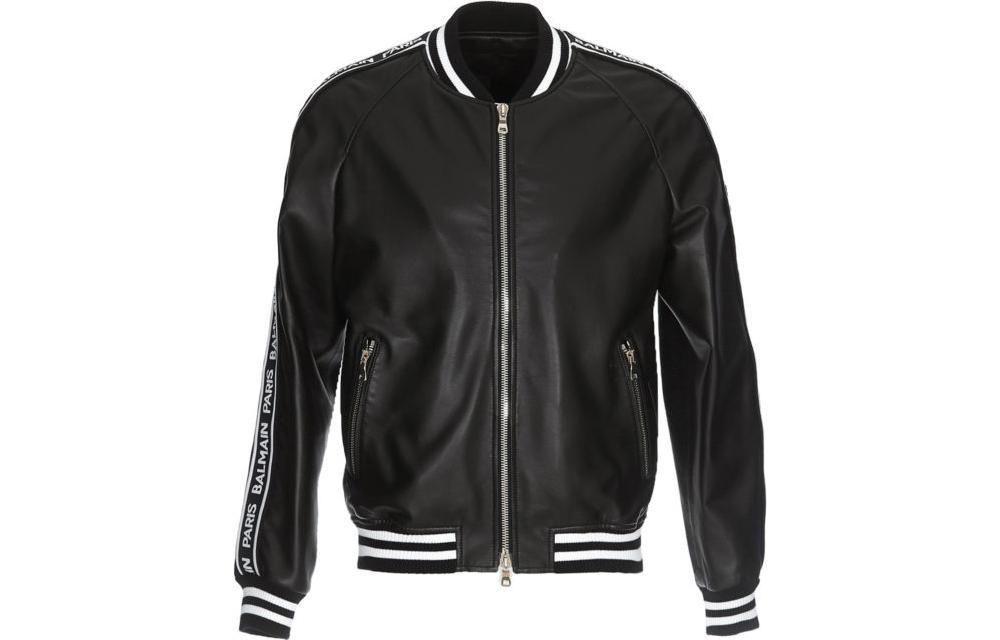 BALMAIN  Black Leather Jacket with Colorblock Stripes and Zipper Detail. RH18893L002-0PA