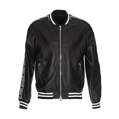 BALMAIN Black Leather Jacket with Colorblock Stripes and Zipper Detail. RH18893L002-0PA