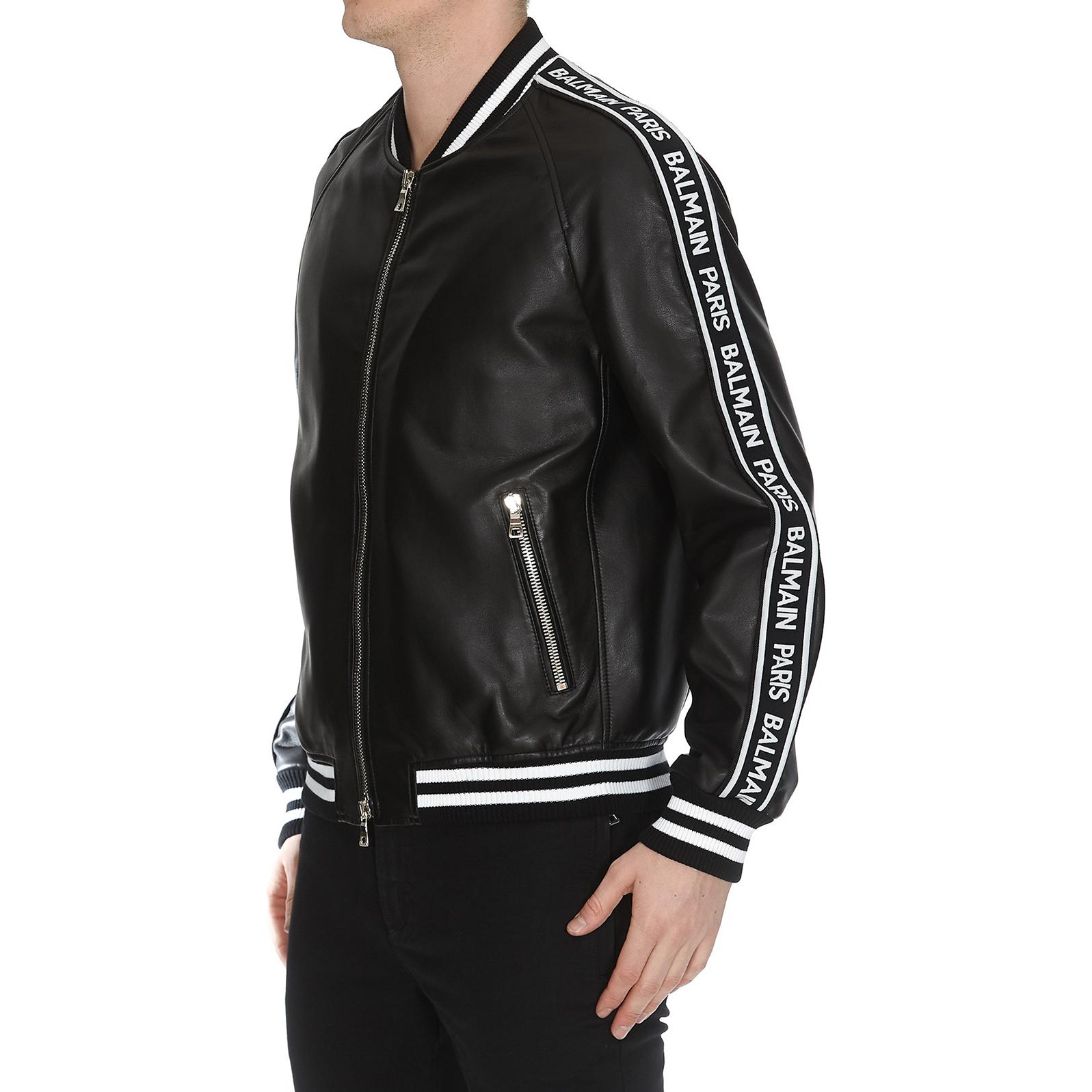 BALMAIN  Black Leather Jacket with Colorblock Stripes and Zipper Detail. RH18893L002-0PA 圖 5