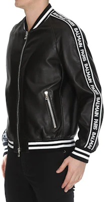 BALMAIN Black Leather Jacket with Colorblock Stripes and Zipper Detail. RH18893L002-0PA Purchase BALMAIN Black Leather Jacket with Colorblock Stripes and Zipper Detail. RH18893L002-0PA