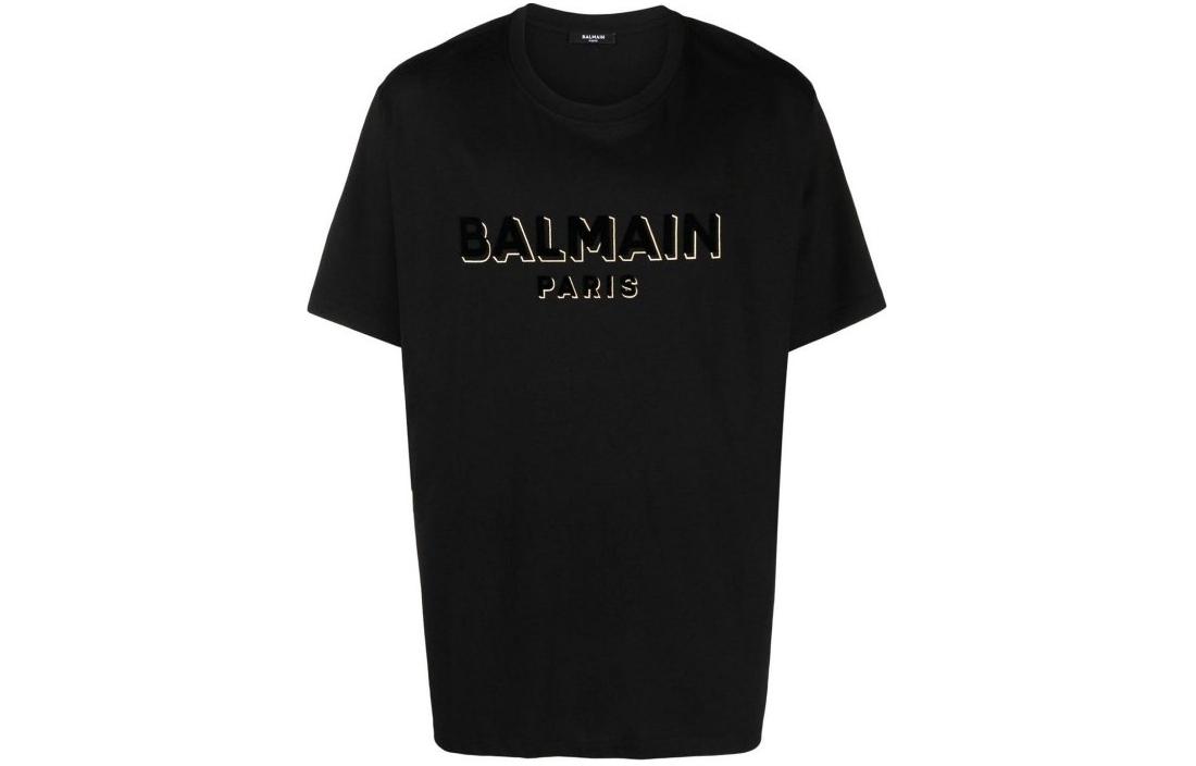 BALMAIN  Black Letter Print Short Sleeve Casual T-Shirt. CH1EG010BB99-EGO