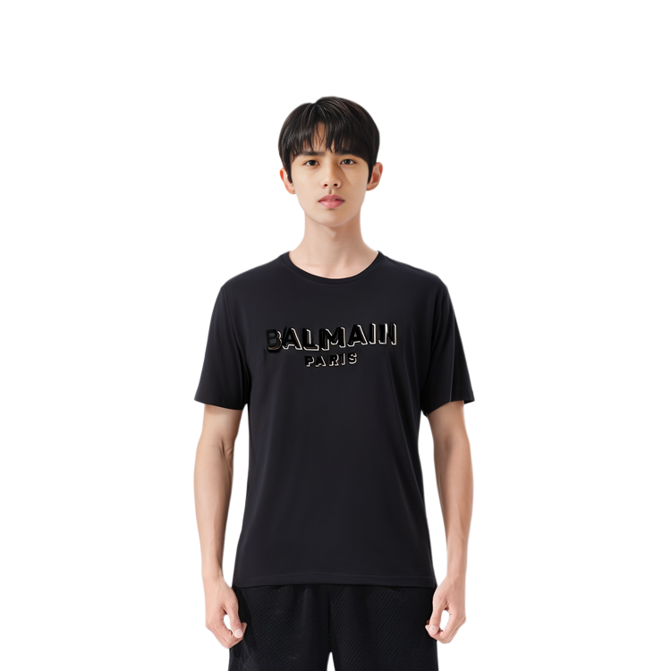 Shop BALMAIN 黑色字母印花短袖休閒T恤 CH1EG010BB99-EGO