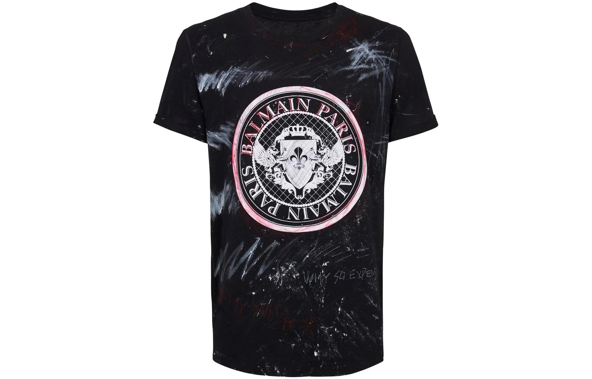 BALMAIN  Black Logo Geometric Print Cotton Crewneck T-Shirt. YU1EG035GB82EBE