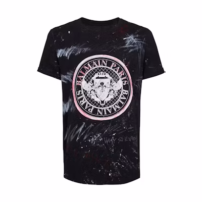 BALMAIN Black Logo Geometric Print Cotton Crewneck T-Shirt. YU1EG035GB82EBE