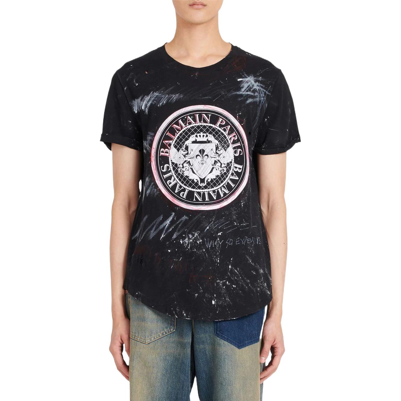 Purchase BALMAIN 黑色幾何印花Logo純棉圓領T恤 YU1EG035GB82EBE