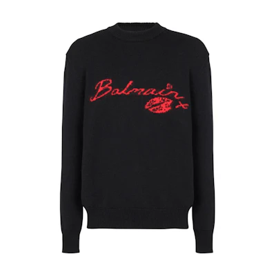 BALMAIN Black Logo Knitted Pattern Crewneck Sweater. DH0KD000-KH32-EAE