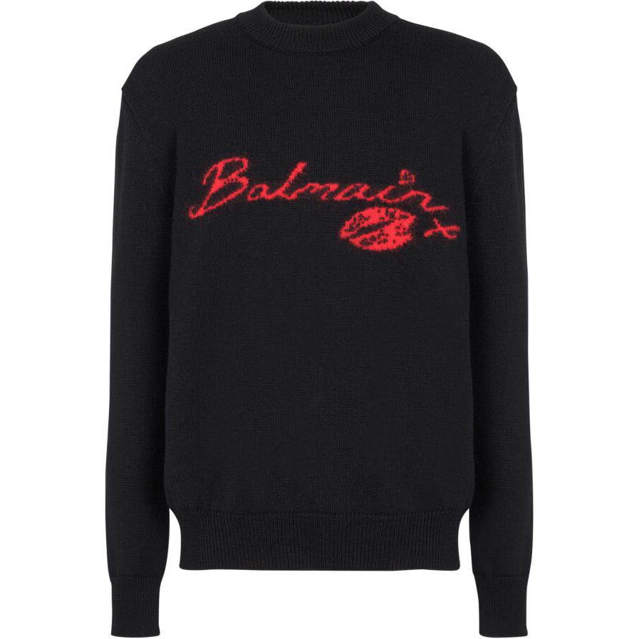 Order BALMAIN  Black Logo Knitted Pattern Crewneck Sweater. DH0KD000-KH32-EAE
