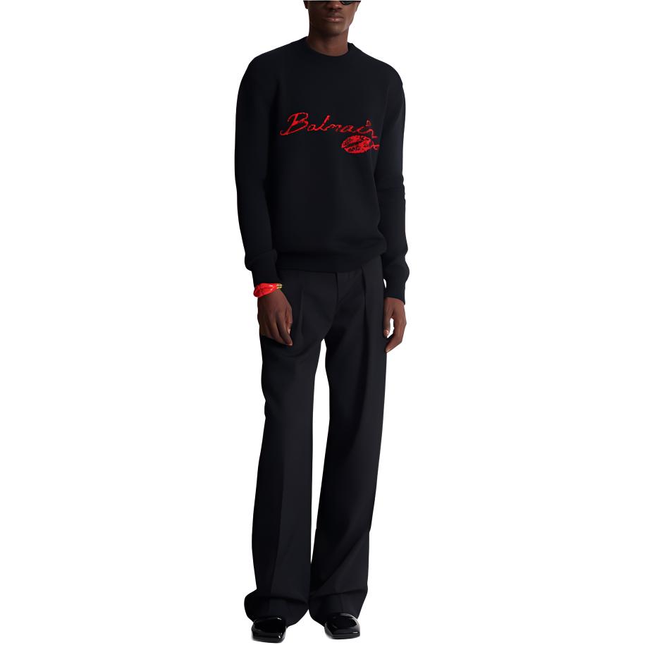 Lookbook BALMAIN  Black Logo Knitted Pattern Crewneck Sweater. DH0KD000-KH32-EAE