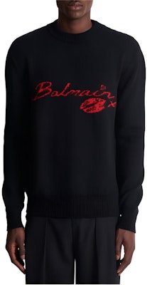 BALMAIN Black Logo Knitted Pattern Crewneck Sweater. DH0KD000-KH32-EAE Details for BALMAIN Black Logo Knitted Pattern Crewneck Sweater. DH0KD000-KH32-EAE