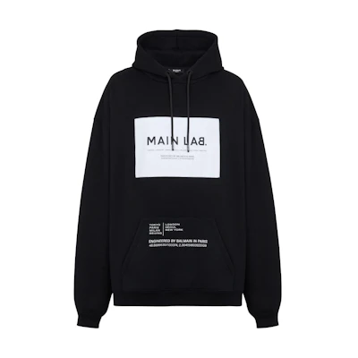 BALMAIN Black Logo Patch Pullover Hoodie Sweatshirt Relaxed Fit CH6JT210-ME52-EAB