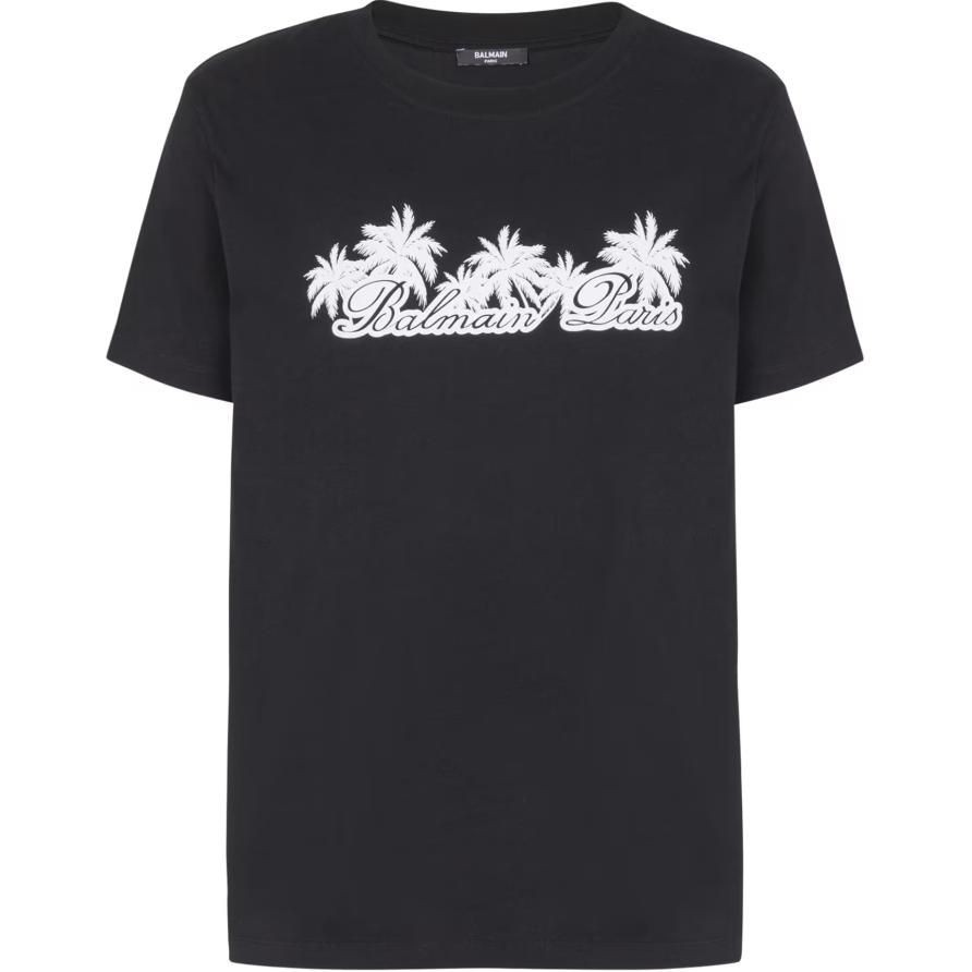 BALMAIN  Black Palm Tree Signature Print Crewneck T-Shirt. DH1EF000-GD85-EAB