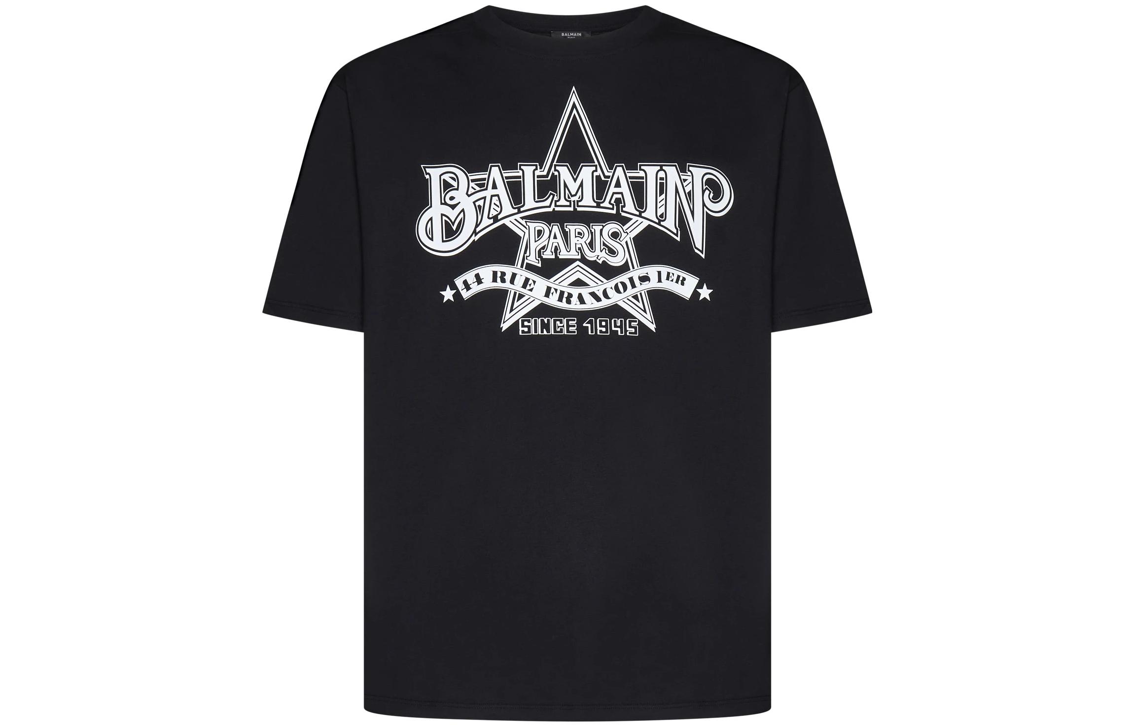 BALMAIN  Black Star Letter Print Crewneck Short Sleeve T-Shirt CH1EG000-GD29-EAB
