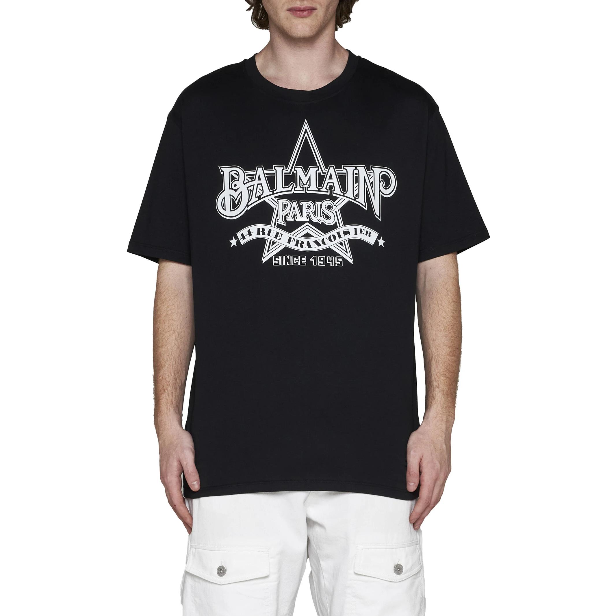 Lookbook 발망 블랙 스타 레터 프린트 크루넥 반팔 티셔츠 CH1EG000-GD29-EAB