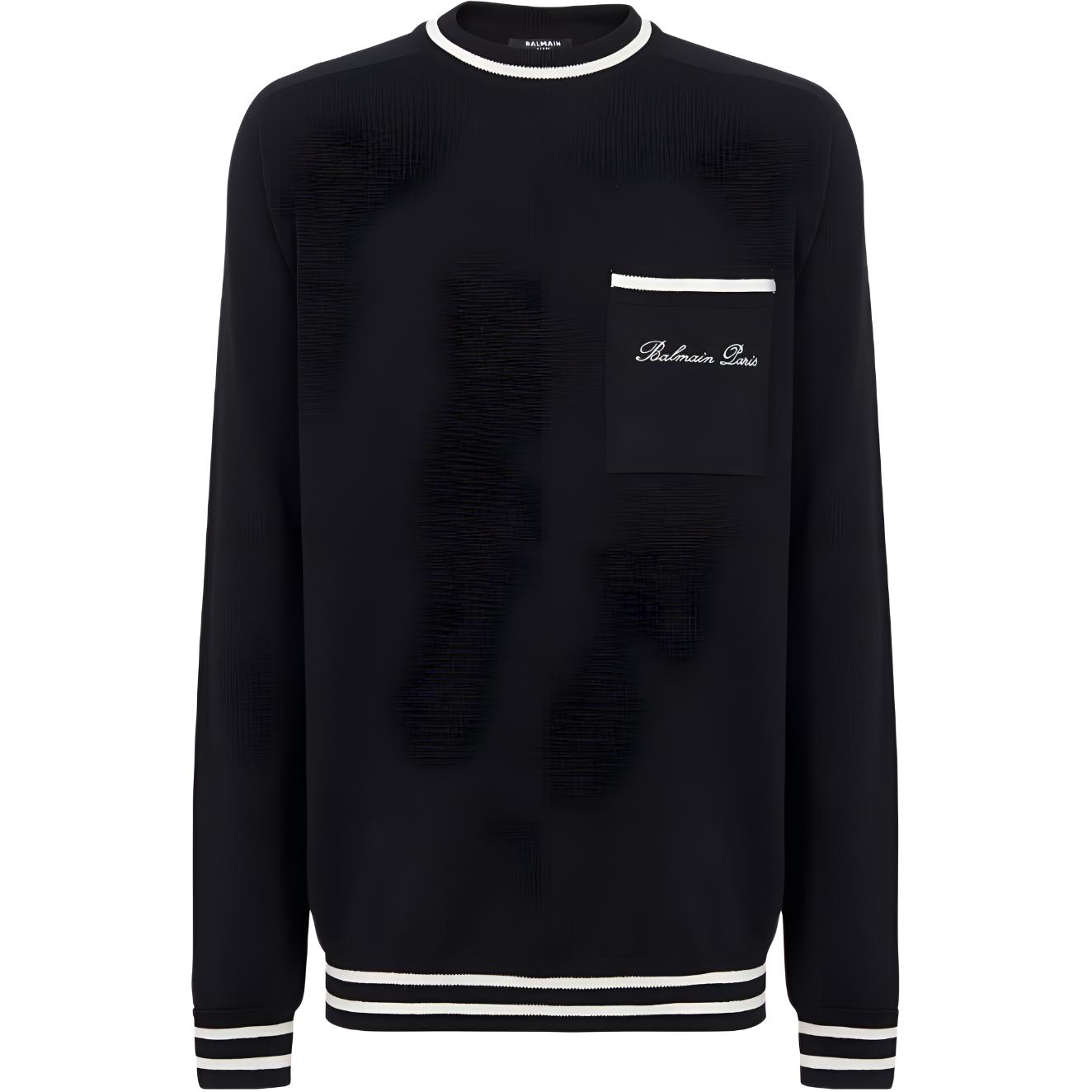 BALMAIN  Black Striped Crewneck Sweater with Logo Embroidery. CH1KD025-KF85-EER