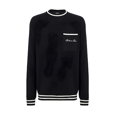 BALMAIN Black Striped Crewneck Sweater with Logo Embroidery. CH1KD025-KF85-EER