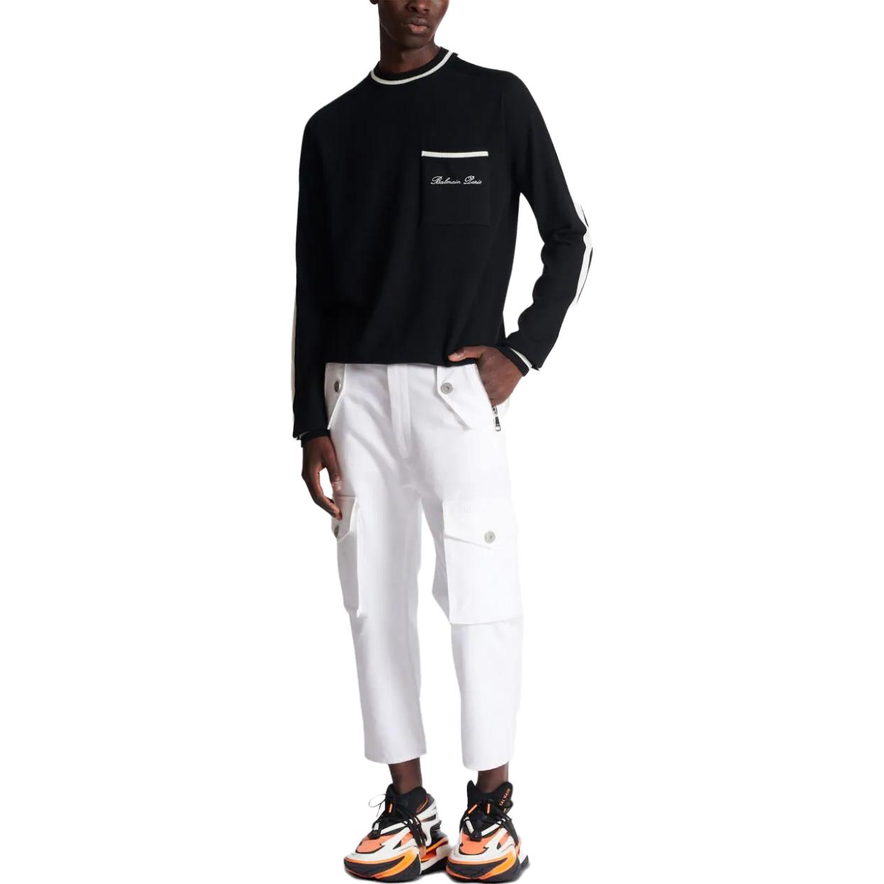 Lookbook 巴尔曼 黑色条纹刺绣Logo圆领毛衣 CH1KD025-KF85-EER