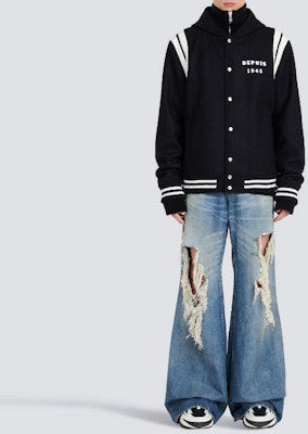 발망 블랙 스트라이프 디테일 후드 싱글 브레스티드 자켓. YH1TF215WB460PA Lookbook 발망 블랙 스트라이프 디테일 후드 싱글 브레스티드 자켓. YH1TF215WB460PA