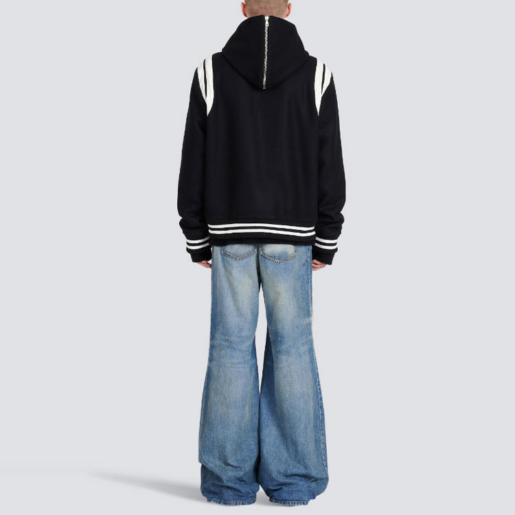 Shop 발망 블랙 스트라이프 디테일 후드 싱글 브레스티드 자켓. YH1TF215WB460PA