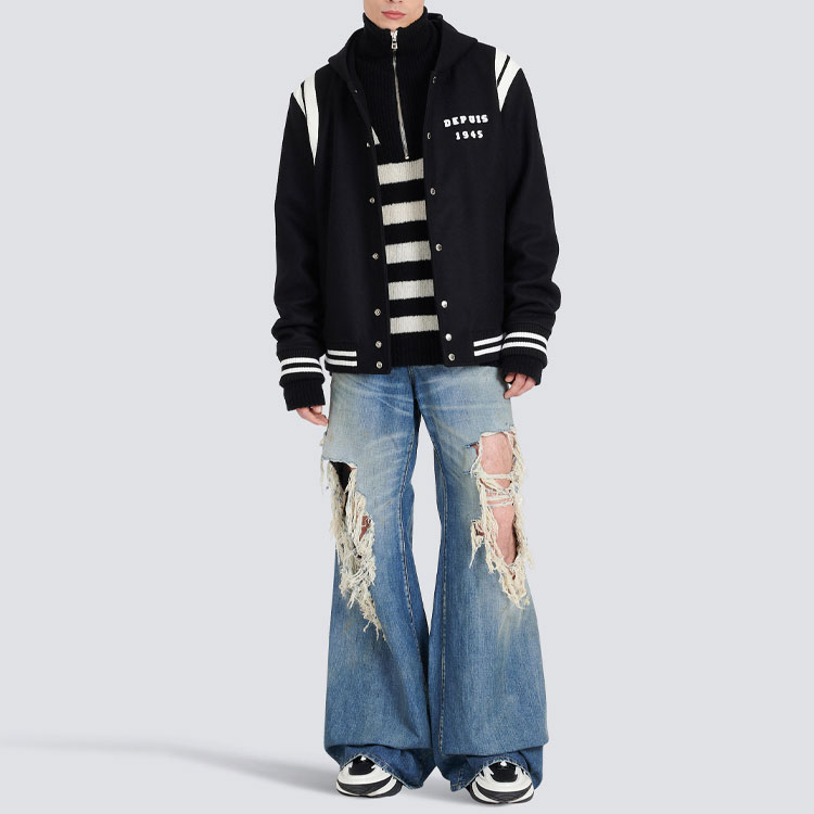 Purchase 발망 블랙 스트라이프 디테일 후드 싱글 브레스티드 자켓. YH1TF215WB460PA