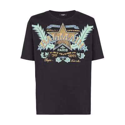 BALMAIN Black T-Shirt with Letter Pattern Design. CH1EG000-GD28-EAH