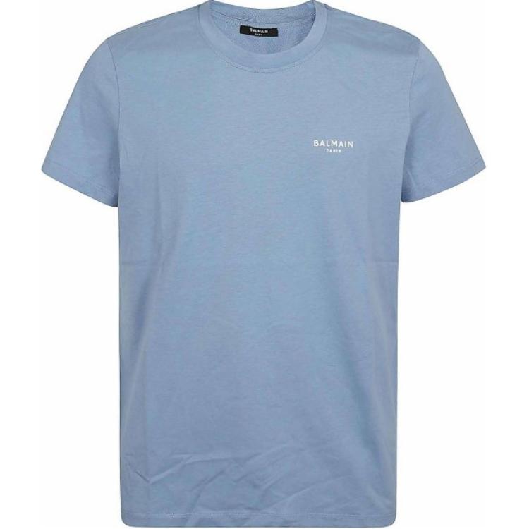 BALMAIN  Blue Crew Neck Short Sleeve T-Shirt with Letter Logo. CH1EF000BB04-SLF