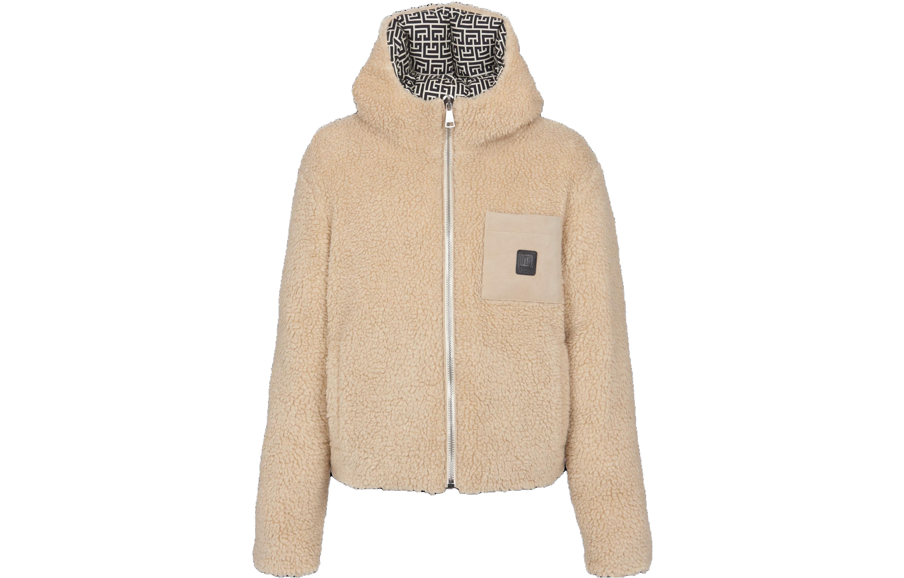 BALMAIN  Brown Reversible Fleece Jacket with Letter Print Design. BH1TH680-XG23-0AI